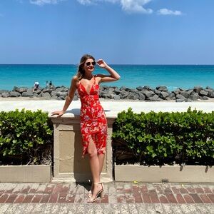 Privacy Please Red Floral Midi Dress with Spaghetti Straps